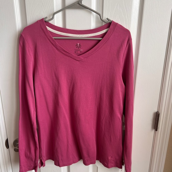 Isaac Mizrahi Live Essentials Long Sleeve Pima Cotton V Neck Pink T-Shirt Top - Picture 1 of 7